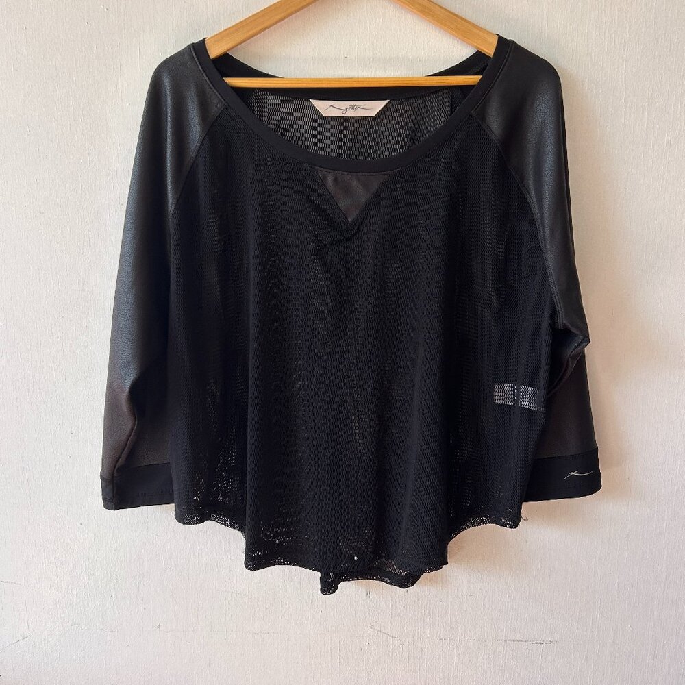 Gottex Black Mesh Top Womens Large Faux Leather Sleeves Boxy Goth SteamPunk